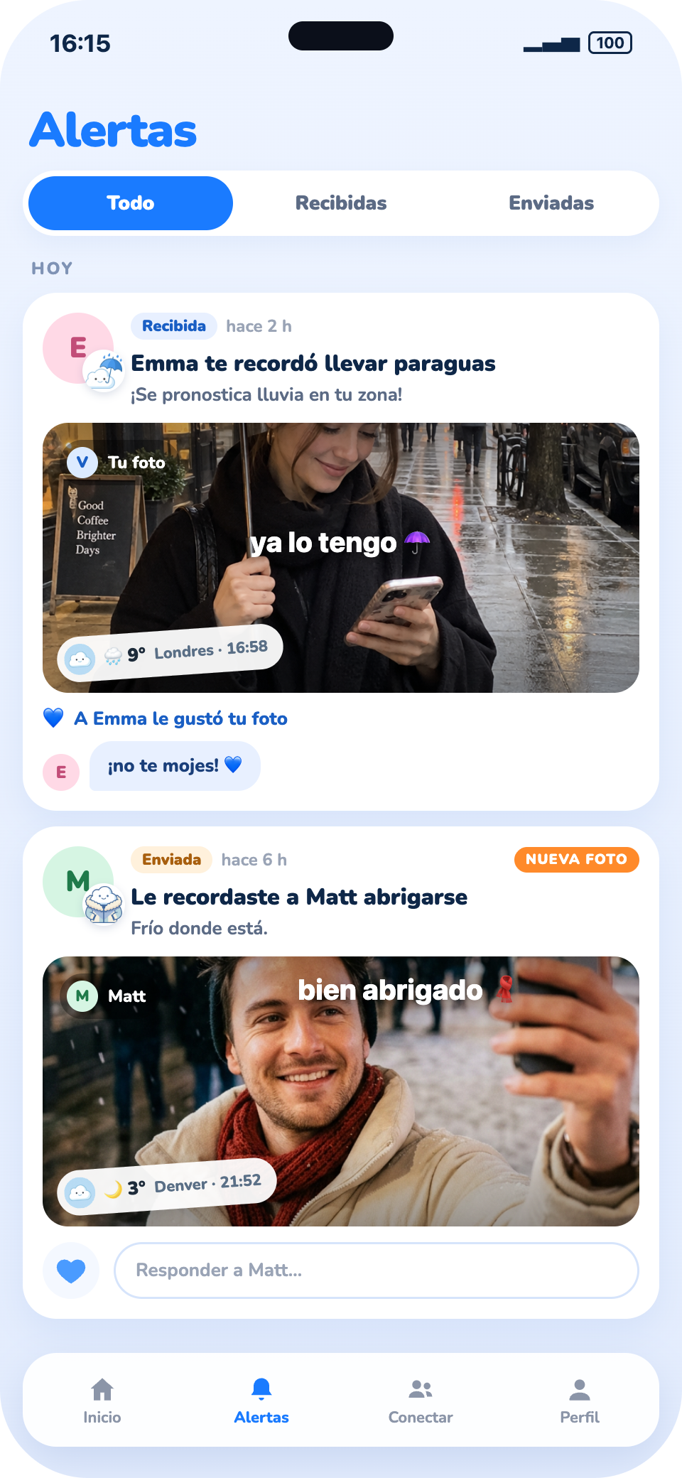 Avisos con respuestas en selfie