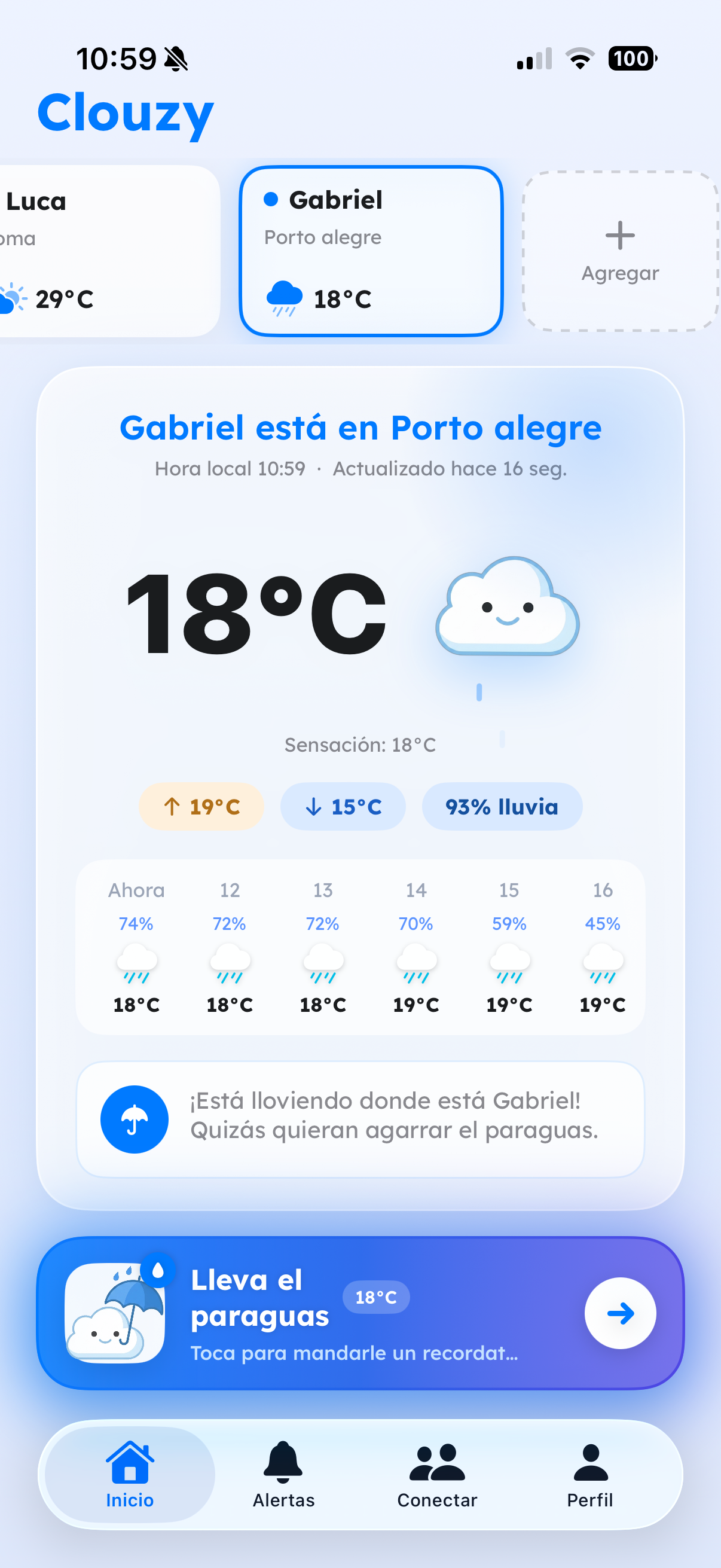 Clouzy, lluvia donde está Gabriel